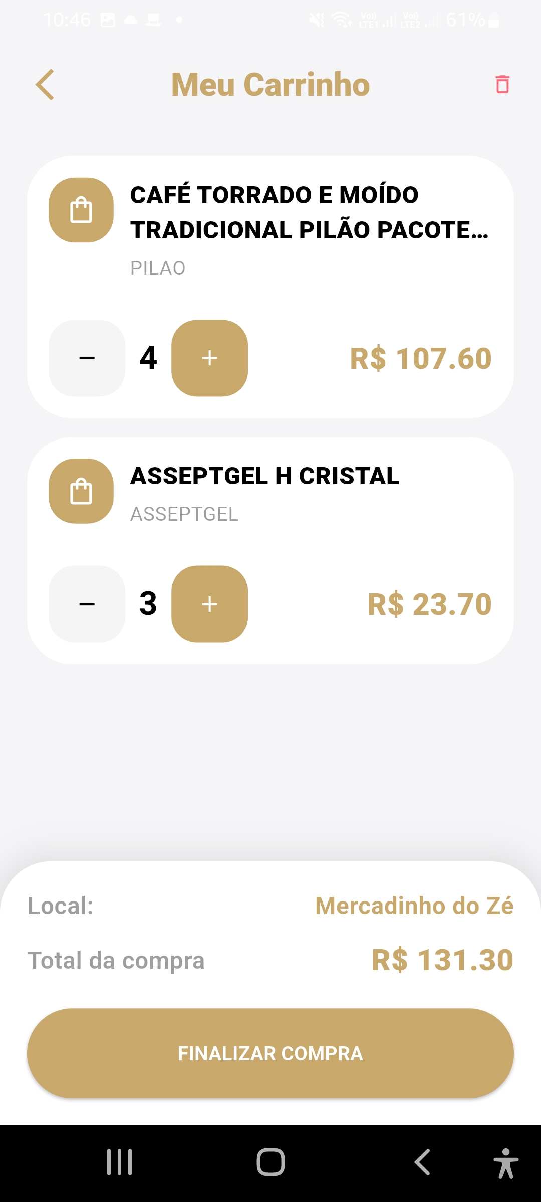 Tela do carrinho de compras do Subile